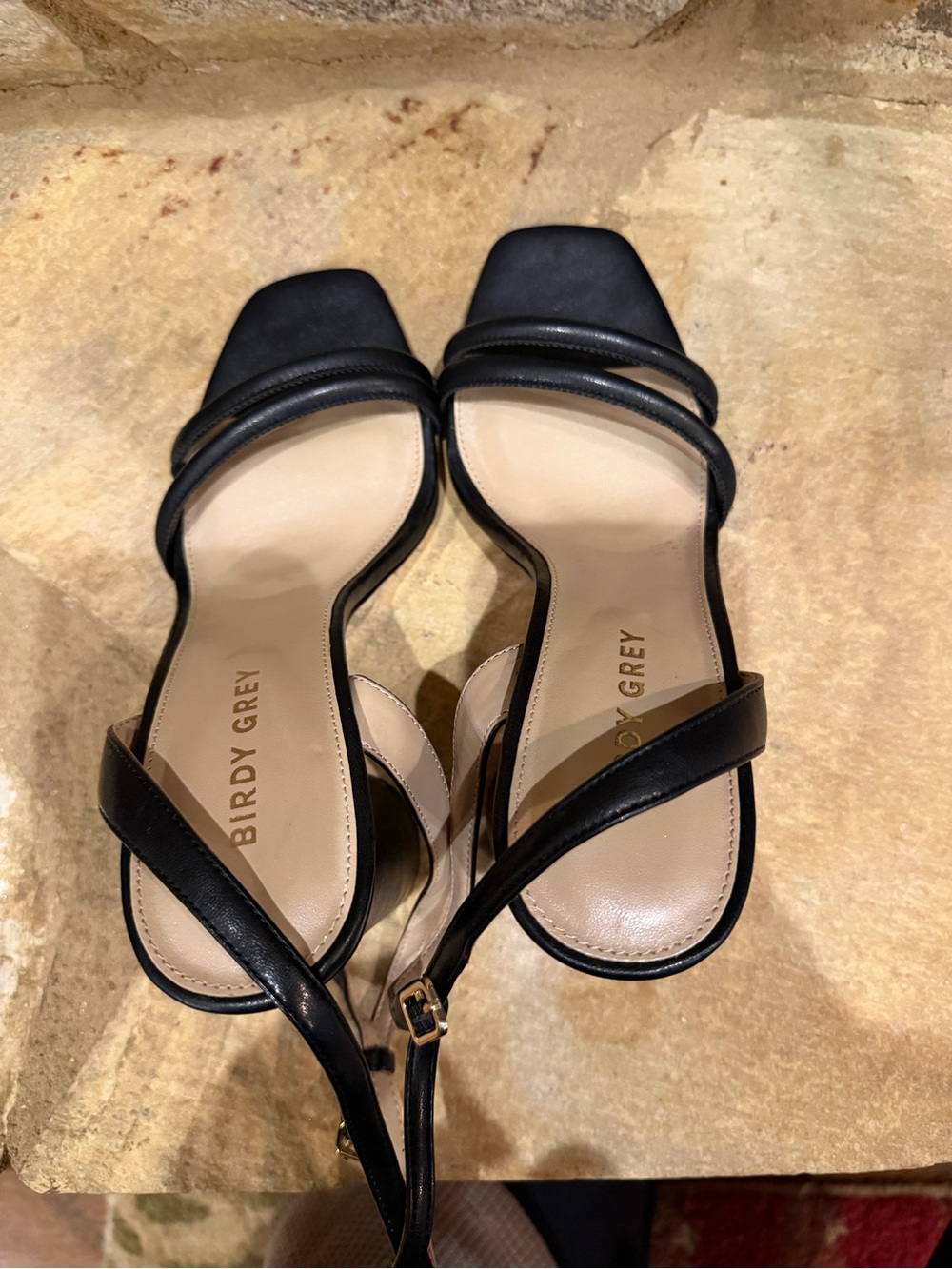 Birdy Grey Black Strappy Square-Toe Low Heel Sandals
